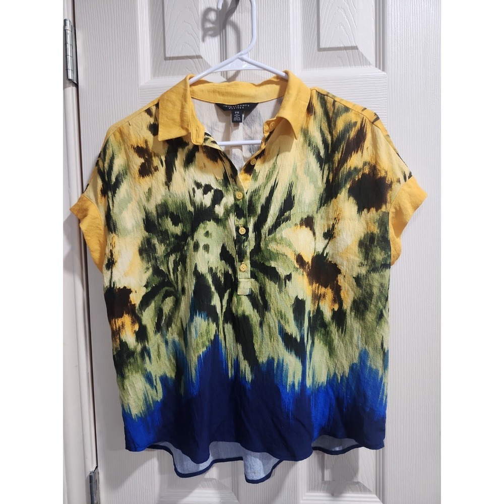 Investments Petites PS Blouse Rayon Nylon Abstract Floral Button Top Yellow Blue